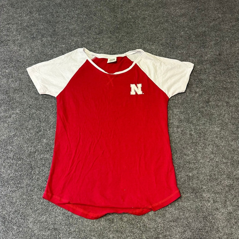 E5 T-Shirt Womens Size M Red White Nebraska Huskers Rhinestone Raglan Fan Gear